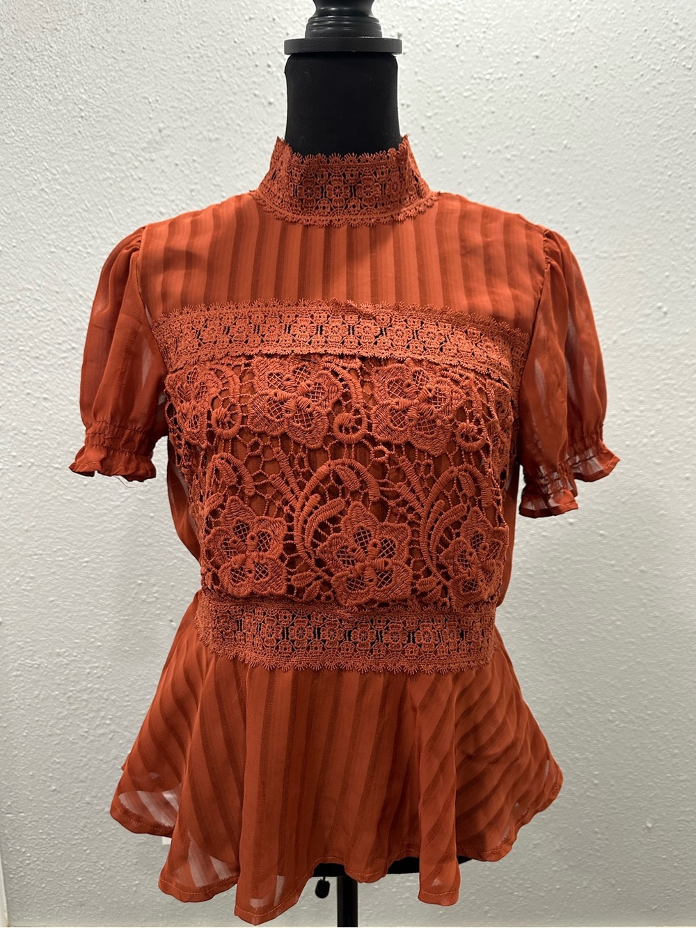Rust Orange Sheer Striped Floral Crochet Lace Chest Panel Mock Neck Size Large
